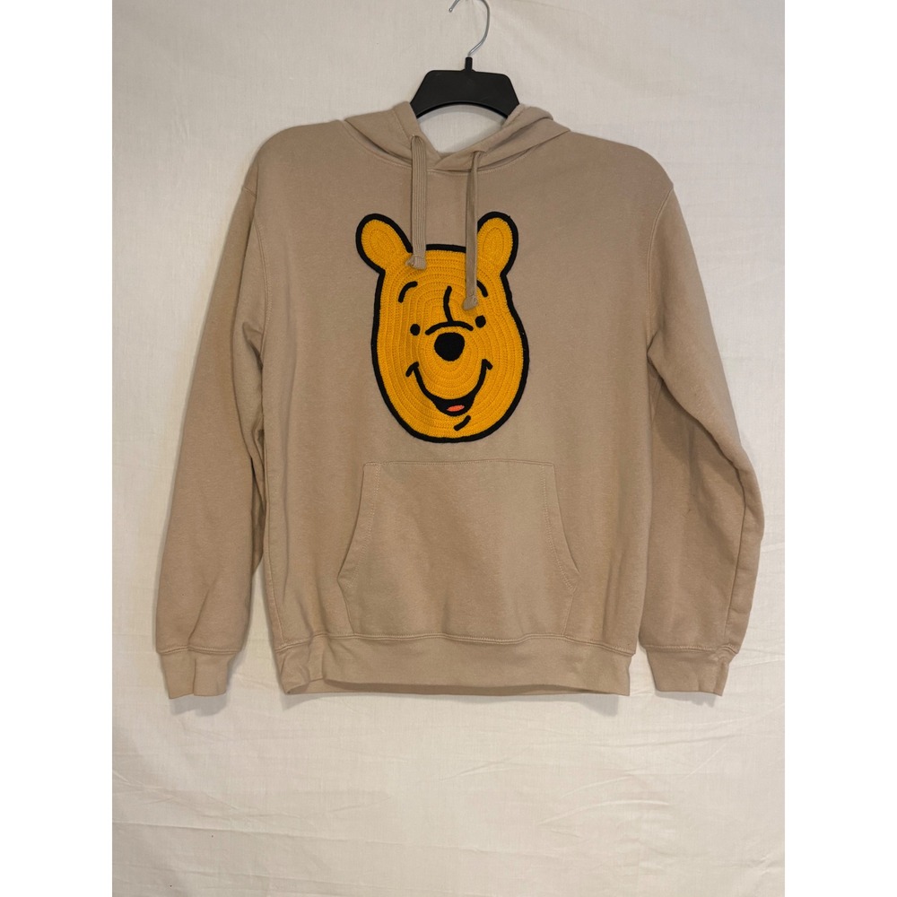 Disney Winnie the Pooh Sand Beige Chenille Patch Hoodie Sweatshirt Large